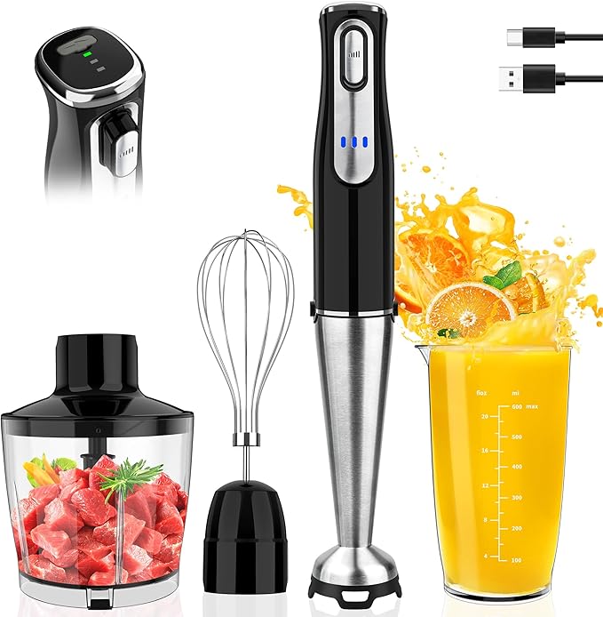 Cordless Immersion Blender Handheld, Rechargeable 4 In 1 Electric Hand Blender Stick Blender Variable Speed with Chopper, Beaker, Whisk, Stainless Steel Blade for Soup, Baby Food, Smoothies
