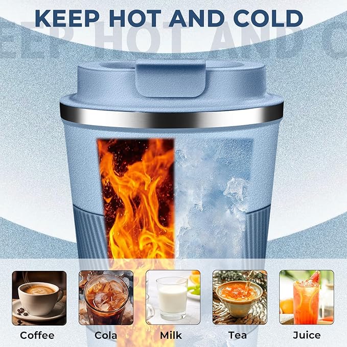 Insulated Coffee Tumbler 12 oz, Stainless Steel Coffee Mug with Lids, Travel Coffee Mug Leak Proof, Double Wall Vacuum Insulated Reusable Coffee Cup, Keep Drinks Hot and Cold (Sky Blue, 12 Ounces)