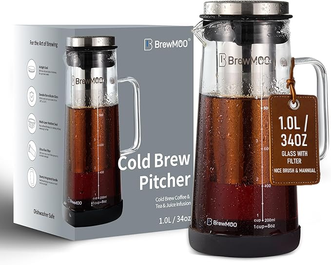 Sleek Cold Brew Coffee Pitcher & Iced Tea Maker - 1.0L/34oz Borosilicate Glass Carafe with Stainless Steel Filter, Sealed Lid & Integrated Handle, Dishwasher Safe (Black)