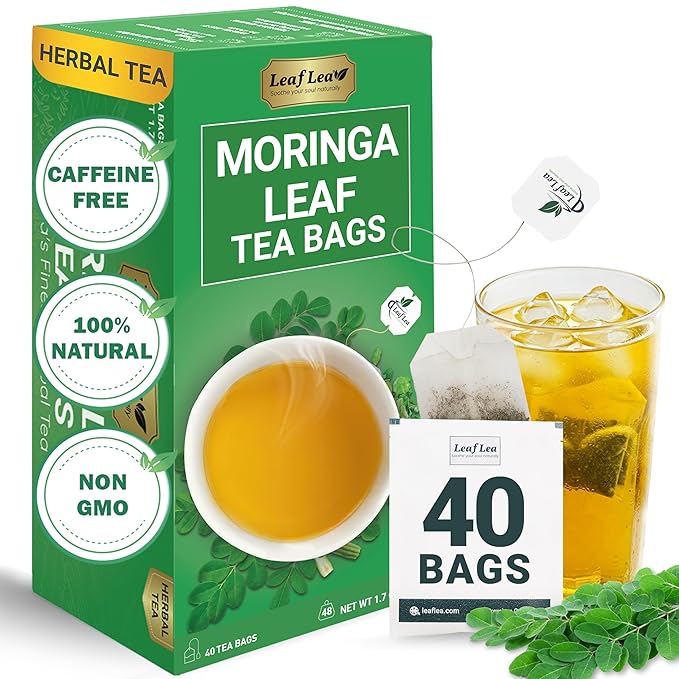 LeafLea 40 Moringa Tea Bags, 100% Natural and Pure Moringa Leaf Herbal Tea, Supports Digestion and Immune Health, Caffeine-Free, Sugar-Free, Vegan