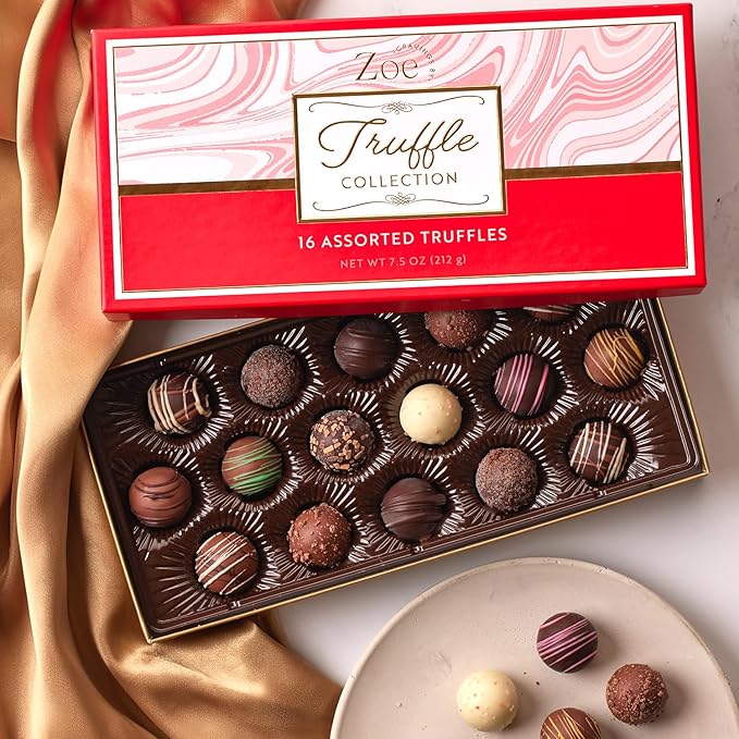 CRAVINGS BY ZOE Gourmet Chocolate Truffle Gift Box | 16 Count | Assorted Gourmet Milk & Dark Chocolate Candy Food Gift Basket Anniversary, Birthday, Get Well, Holiday, Thank You Men Women Mom Her