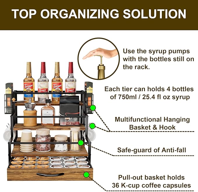 Coffee Syrup Organizer Rack, 4-Tier Syrup Bottle Holder Stand with 36 K Cup Pod Drawer Storage for Coffee Bar, 12 Bottles Storage Shelves for Syrup, Wine, Dressing for Kitchen Coffee Station