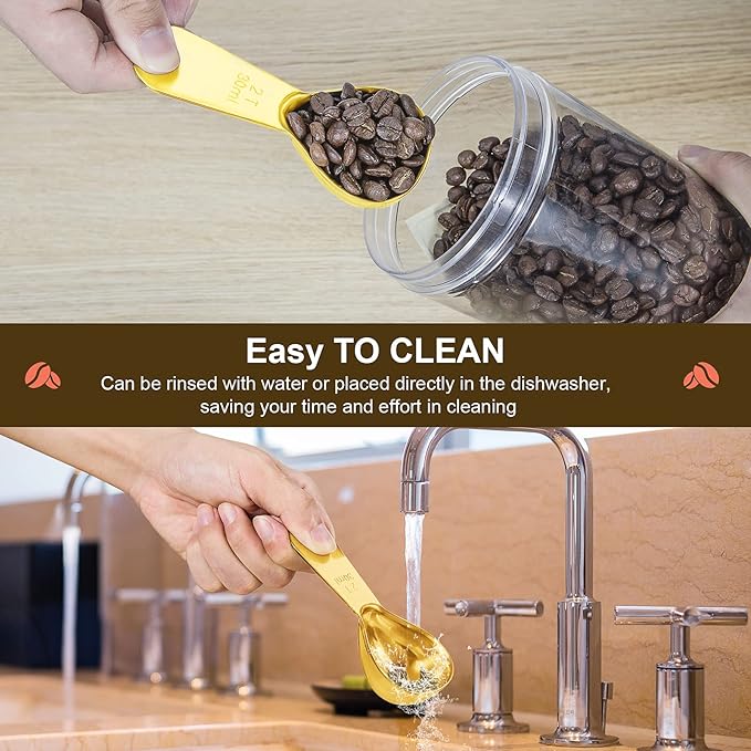 Stainless steel coffee scoop 2-piece set (1 tbsp, 2 tbsp) durable Tablespoon, ergonomic measuring spoon, Suitable for small and large jars，short-handled spoon (Gold)