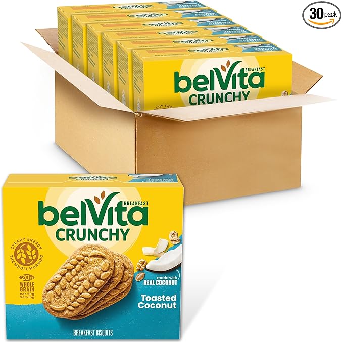 belVita Breakfast Bars Biscuits, Toasted Coconut, 30 Total Packs, 6 Boxes (4 Biscuits Per Pack)