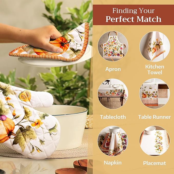 Maison d' Hermine Oven Gloves 100% Cotton Oven Mitt 7" x 13" with Loop Heat Resistant, BBQ, Cooking Gloves, Baking, Grilling, Kitchen, Handling Hot Pans (Pack of 1, Pumpkin Garden - Cloudy Cream)