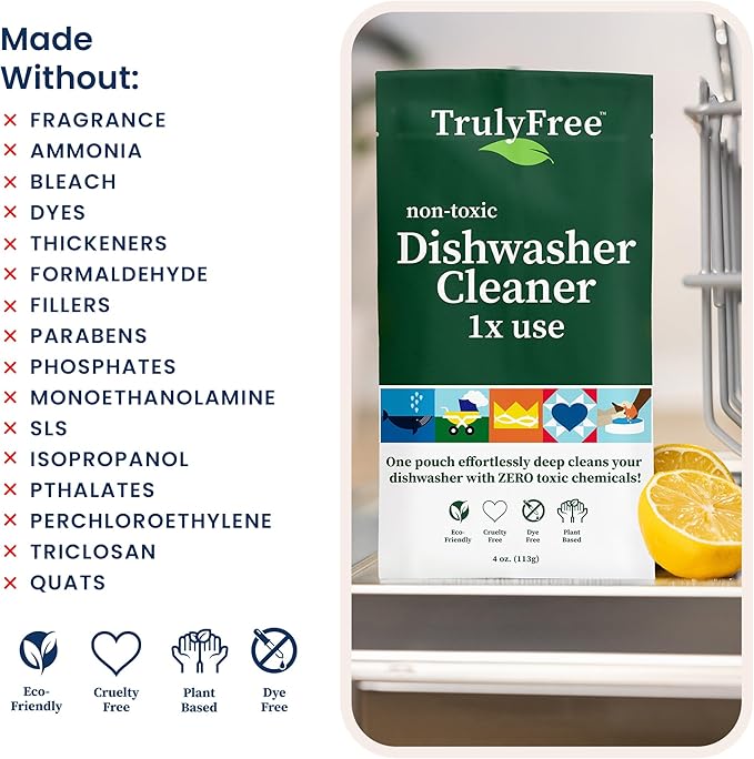 Natural Dishwasher Cleaner - Dish Washer Machine Descaler, Fights Grease & Limescale, Hard Water Stain Remover, Smell Eliminator for Clean Dishwashers - Lemon Fresh Scent, 4 oz (Pack of 1)