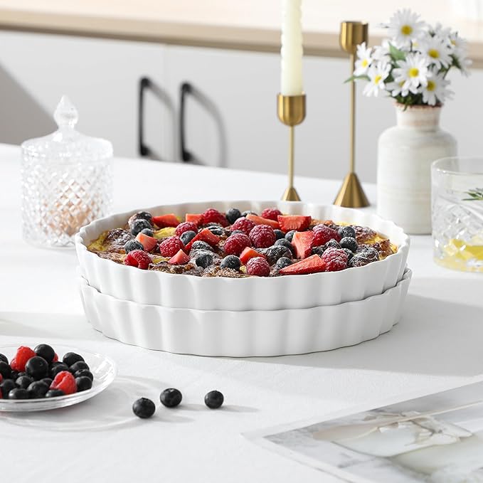 LOVECASA Porcelain Pie Pan Quiche Baking Dish,10 Inch Non-Stick Round Pie Dish Quiche Pan,Tart Pan with Ruffled Edge,Pie Plate for Apple, Quiche, Pot Pies, Tart,Set of 2, White
