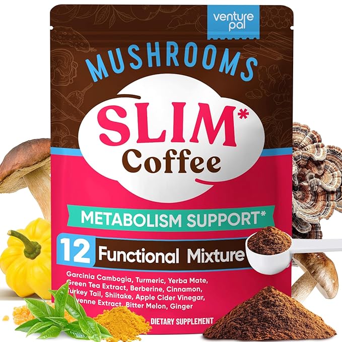 Venture Pal Slim Mushroom Coffee for Weight Loss, Instant Coffee with Berberine, Cinnamon, Yerba Mate, Turmeric, & More, 1800mg(10:1) Extract for Diet Support & Metabolism Boost - 40 Servings