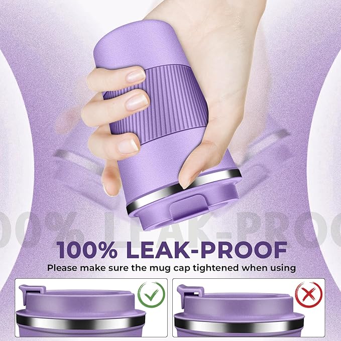 Insulated Coffee Tumbler 17 oz, Stainless Steel Coffee Mug with Lids, Travel Coffee Mug Leak Proof, Double Wall Vacuum Insulated Reusable Coffee Cup, Keep Drinks Hot and Cold (Lavender, 17 Ounces)