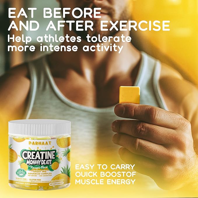 Creatine Monohydrate Chews Complex 6400mg for Men & Women -Advanced Formula W/L-Taurine + Vitamin B12, Sugar Free Chewable Supplement,60 Pineapple Softchews