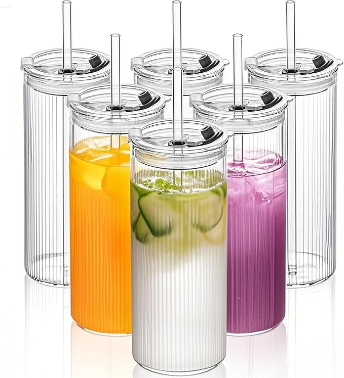 KEMORELA 6-Pack 18oz Ribbed Glass Cups with Lids & Straws – Round Textured Drinking Glasses for Iced Coffee, Bubble Tea, Juice & Smoothies – Reusable Clear Tumblers with Leakproof Lids & Straws