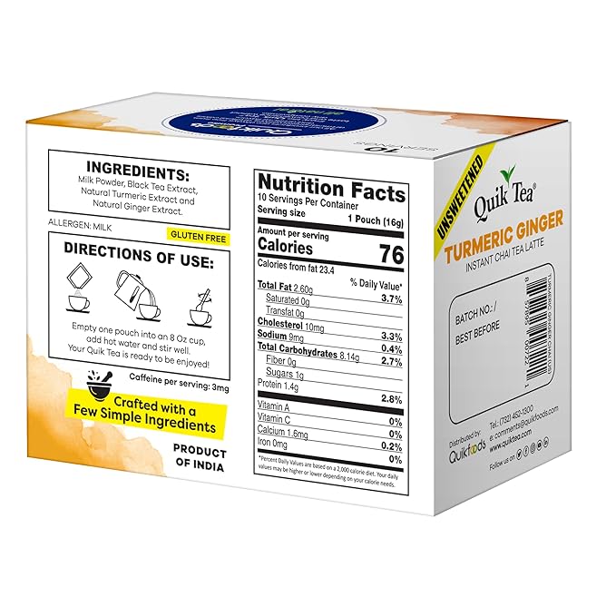 QuikTea Turmeric Ginger Unsweetened Chai Tea Latte – 10 Count, Bold Turmeric Ginger Flavor, no preservatives, No Sugar Added – Just Add Hot Water