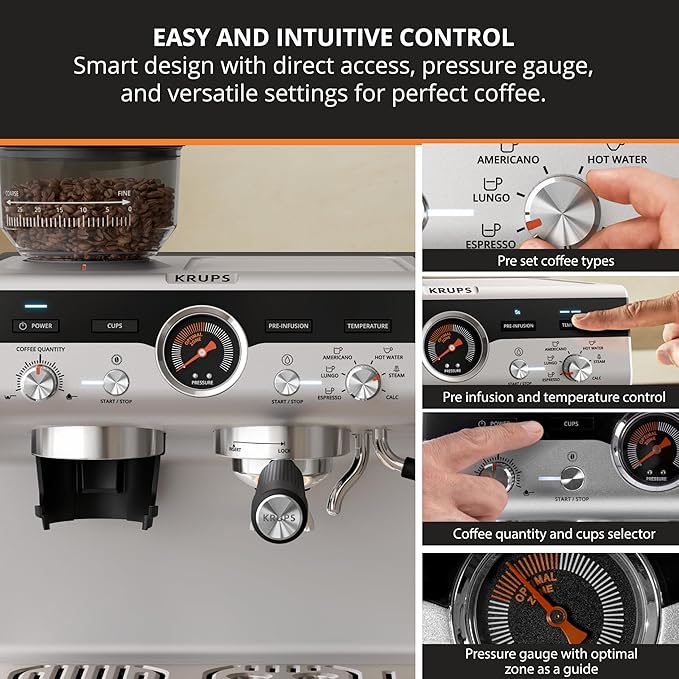 KRUPS Precision Espresso Coffee Machine with Grinder, Latte & Cappuccino Maker, Pump Pressure + Milk Frother Steam Wand, Adjustable Grind Settings for Barista-Quality Results, Stainless Steel & Black