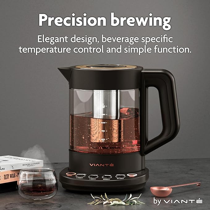 Vianté Electric Kettle With Infuser For Loose Leaf. Hot Tea Maker With Temperature Control And Automatic Shut Off. Tea Kettle With Brewing Programs. 1.5 Liters Capacity | Black Color