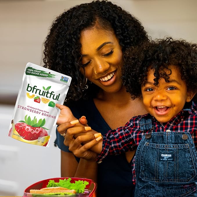 bfruitful Freeze-Dried Strawberry Banana, Freeze Dried Fresh Fruit Bites, Gluten Free, Vegan, Dairy Free, Kosher, No Sugar Added, Non GMO, Healthy Snacks for Kids or Adults, 0.56 oz Single-Serve Snack Packets, 24 Pack