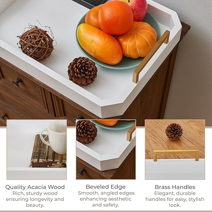 Decorative Acacia Wood Ottoman Tray - Coffee Table Tray - Breakfast, Party, Drinks, Snack, Liquor Serving Platter - Farmhouse to Modern - Brass Handles (Moonlight White)