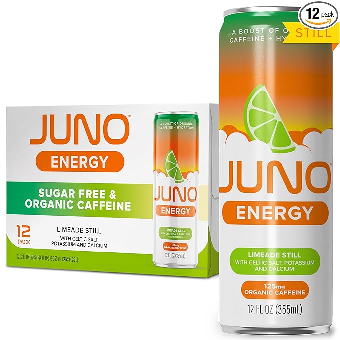 JUNO ENERGY Limeade Still Drink - Sugar Free Electrolytes 125mg Organic Caffeine from Green Coffee Beans, Hydrating with Monk Fruit Sweetener, Organic Lime Juice - Vegan, Gluten Free, 12 Pack