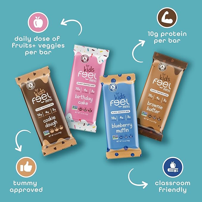 Feel Bar Minis – Kids Protein Bars | Cookie Dough – 12 Pack | 10g Plant Protein | 100 Calories | No Added Sugar | + Daily Veggies | Gluten Free, No Nuts, No Soy, No Dairy, No Grains