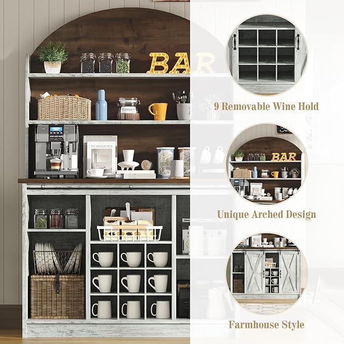 4 EVER WINNER Coffee Bar with 3-Tier Storage, 67" Coffee Bar Cabinet with Sliding Barn Doors & Wine Rack, Kitchen Hutch Cabinet for Living Room, Dining Room, Grey