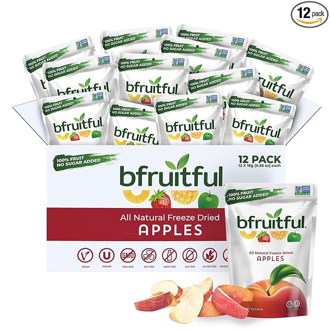 bfruitful Freeze-Dried Apple, Freeze Dried Fresh Fruit Bites, Gluten Free, Vegan, Dairy Free, Kosher, No Sugar Added, Non GMO, Healthy Snacks for Kids or Adults, 0.56 oz Single-Serve Snack Packets, 12 Pack