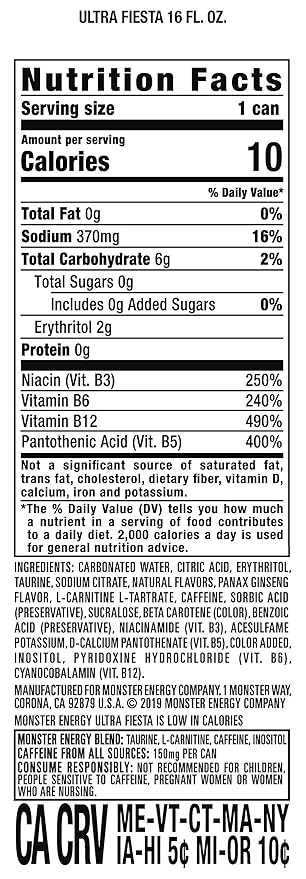 Monster Energy Ultra Fiesta Mango, Sugar Free Energy Drink, 16 Ounce (Pack of 15)