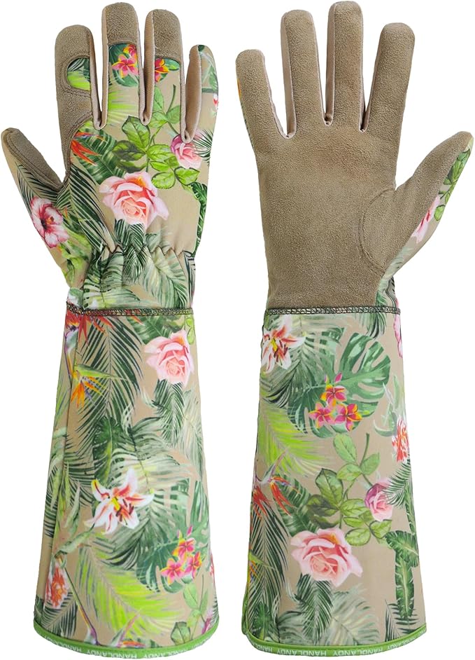 HANDLANDY Leather Gardening Gloves for Women, Scratch Resistant Breathable Ladies Rose Pruning Garden Gauntlet Yard Gloves, Gift for Gardeners (Khaki, S)