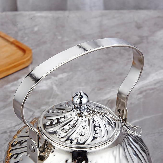 SANQIAHOME 2000ml stainless steel antique style teapot,with Infuser, thickened boiling kettle, lifting handle,Silver
