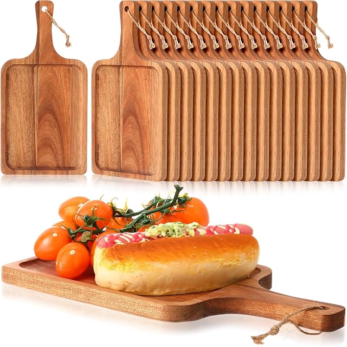 Tanlade 16 Pcs Acacia Wood Cutting Board with Handle Chopping Boards Decorative Charcuterie Platter Pizza Bread Cheese Fruit Serving Tray for Kitchen Counter Table Christmas Decorate(12 x 6 Inch)