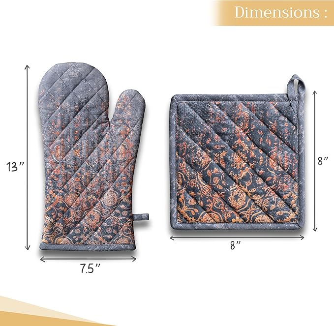 Maison d' Hermine 100% Cotton Oven Mitt & Pot Holder Set (7.5"x13" & 8"x8") Heat Resistant BBQ Cooking Gloves with Loop, Baking, Grilling, Kitchen, Handling Hot Pans (Imperfection)