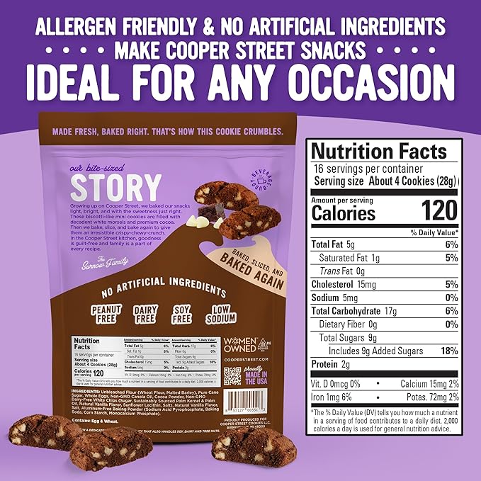 Cooper Street Twice-Baked Brownie Chocolate Biscotti Cookies (16oz each, Pack of 2) - 50 Two-Bite Mini Italian Style Snacks - Dairy-Free, Peanut Free, Kosher, Low-Calorie, Perfect with Coffee or Tea