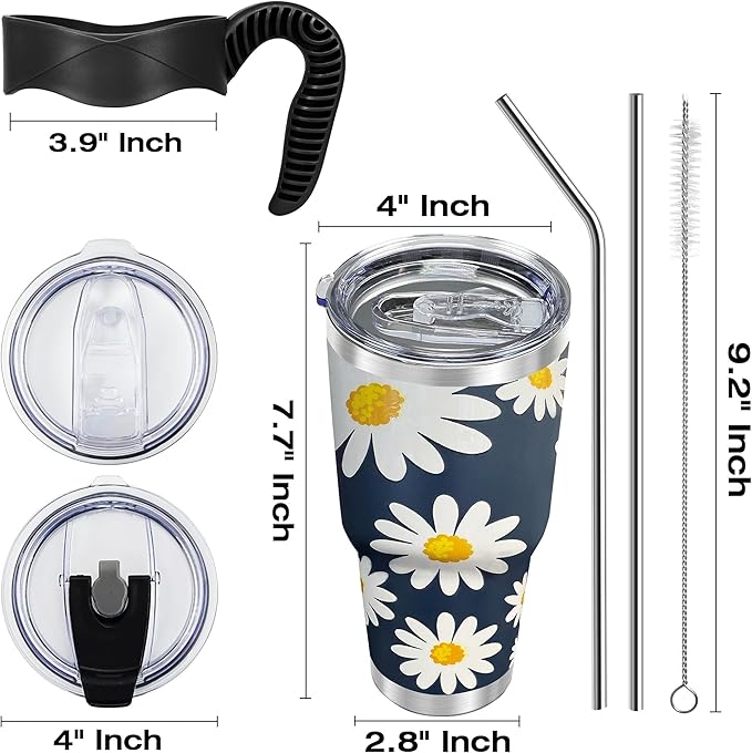 WETOWETO 30 oz Tumbler Stainless Steel Vacuum Insulated Coffee Cup with Handle, Double Wall Vacuum Coffee Tumbler for Hot and Cold drinks, Suitable for Beach, Travel (Daisy Flower, 1 Pack)