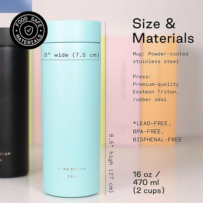 Firebelly Tea, Travel Tea Infuser Mug with Strainer, Insulated Tumbler for Loose Leaf Tea or Coffee, Leakproof Bottle for Hot or Iced Drinks, Stainless Steel Thermos with Lid, Mer
