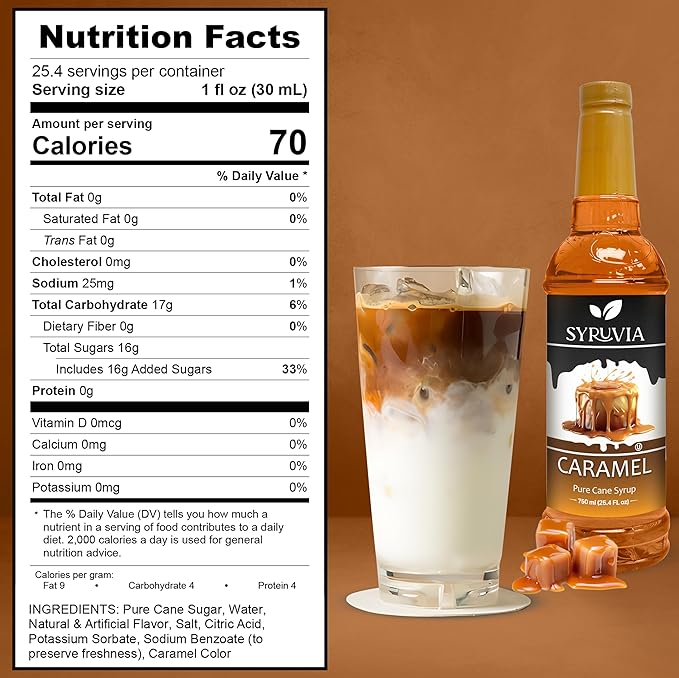 Syruvia Coffee Syrup, Caramel Flavored Syrup for Drinks, Lattes, and Desserts – 25.4 fl oz