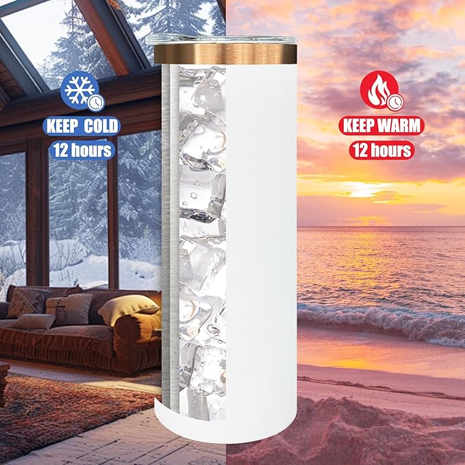 20 oz Skinny Tumblers Bulk, Stainless Steel Insulated Tumbler with Lids and Straws, Slim Double Wall Powder Coated Travel Coffee Mugs, Reusable Cup for Hot and Cold Drinks (White,1 pack)