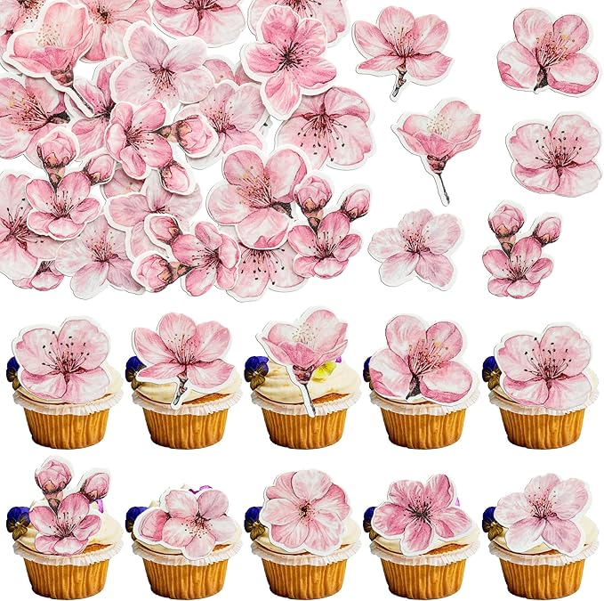 Ephlyn 50Pcs Edible Flowers Cake Topper Cupcake Toppers Wedding Themed Party Baby Shower Birthday Party Cupcake Picks Anniversary Party Decorations Supplies Pink