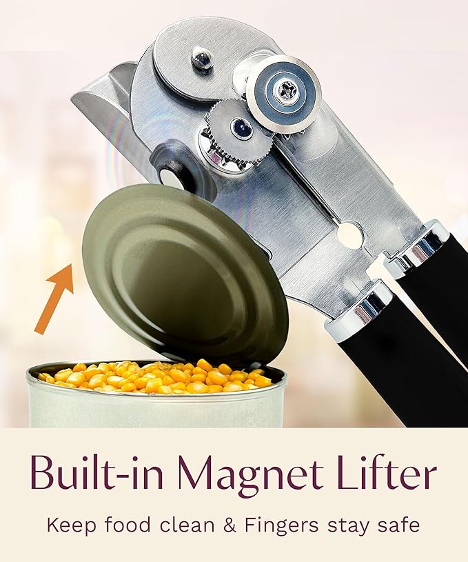 Premium Multifunctional Magnetic Manual Can Opener and Bottle Opener, Heavy Duty Stainless Steel Sharp Cutting Blade and Oversized Easy Turn Knob, Soft-Touch Handle, Kitchen Use, Black
