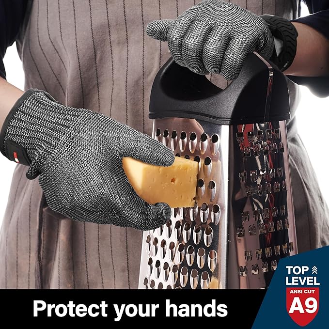 Schwer Ultimate Cut Resistant Gloves Beyond ANSI A9, Reinforced Stainless Steel Glove, Food Grade Mesh Metal Gloves for Butcher Meat Cutting, Oyster Shucking, Mandoline, Non-PFAS, PR1708 (L, 2 PCS)