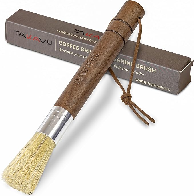 Takavu Coffee Grinder Cleaning Brush, Barista Brush with Stiff White Boar Bristle, Espresso Machine Cleaner Tool, Brista Dusting Accessories Used on Group Heads Shower Screen Portafilter Scoop Tamper