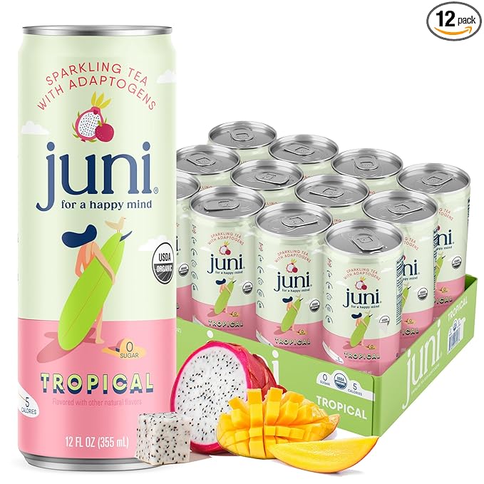 Juni Sparkling Adaptogen Drink with Ashwagandha, Lion’s Mane & Reishi Mushrooms | Green Tea for Focus, Zero Sugar, 5 Calories, Organic | Non Alcoholic Drinks - Tropical 12 pack