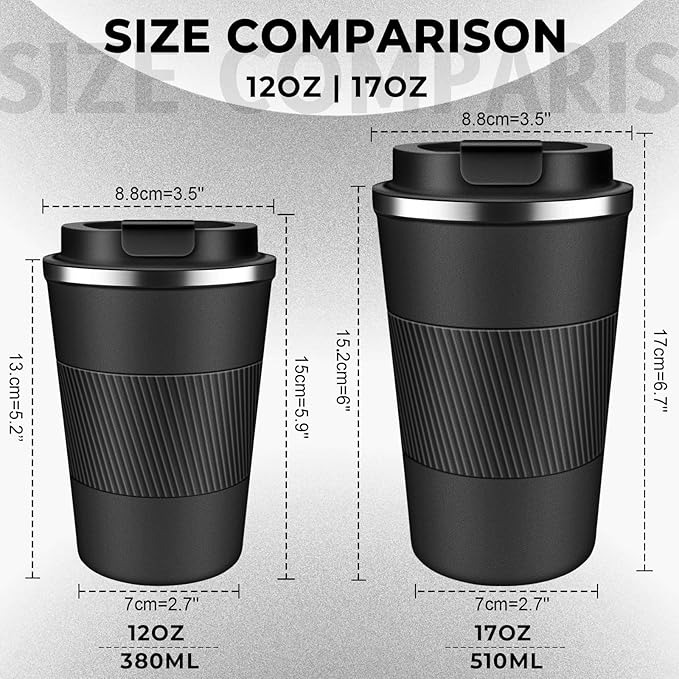 Insulated Coffee Tumbler 12 oz, Stainless Steel Coffee Mug with Lids, Travel Coffee Mug Leak Proof, Double Wall Vacuum Insulated Reusable Coffee Cup, Keep Drinks Hot and Cold (Black, 12 Ounces)