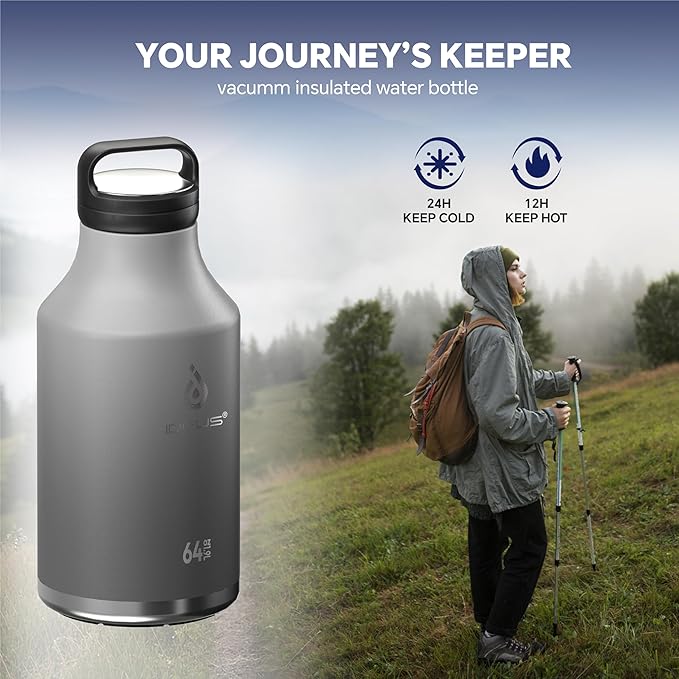 IDEUS Insulated Stainless Steel Water Bottle with 2 Leak-Proof Lids, Thermal Water Flask for Hiking Biking, 64oz, Bright Blue