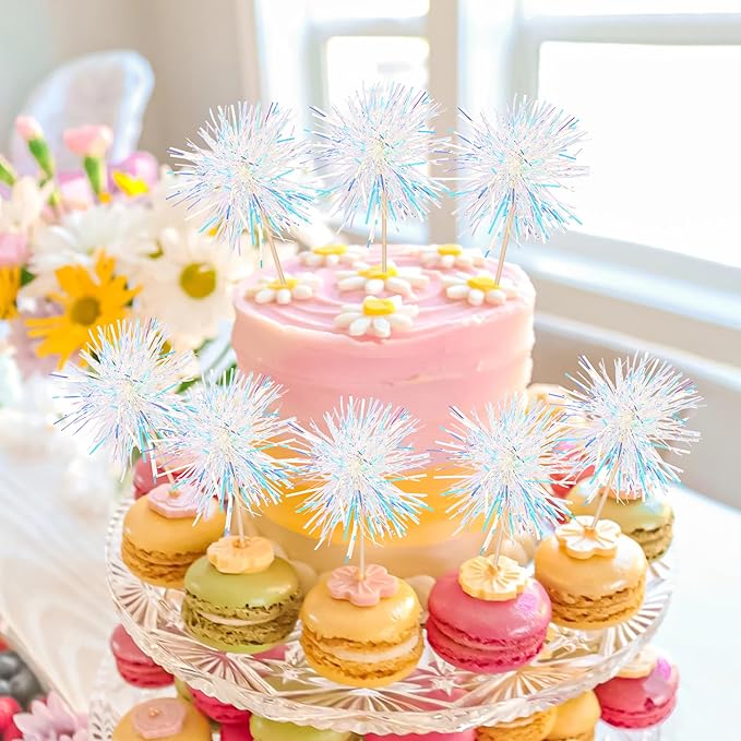 30 PCS Foil Firework Cupcake Toppers Happy Birthday Cupcake Toppers Sparkle Tinsel Flower Drink Stirrers Cocktail Fruit Toothpicks for Valentine's Day Baby Shower Party Cake Decor Supplies White
