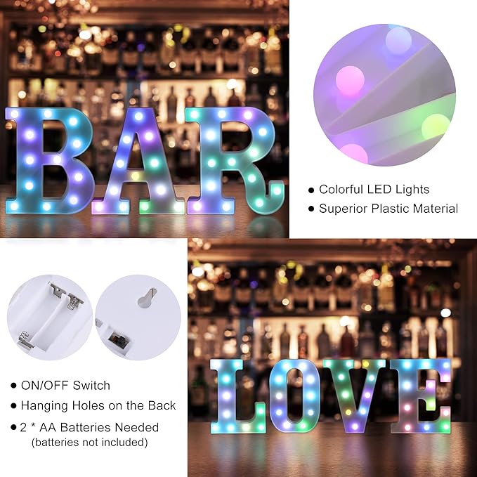 Foaky Colorful LED Letter Lights with Remote,Marquee Light Up Letters Sign for Night Light Wedding/Birthday Party Battery Powered Christmas Lamp Home Bar Decoration(R)