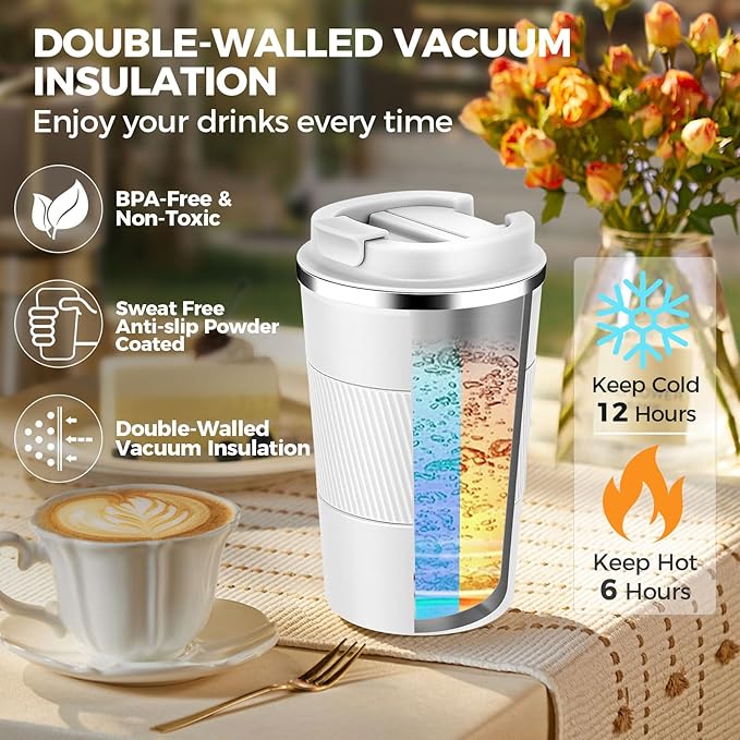 Volhoply 13 oz Stainless Steel Insulated Travel Coffee Mug with Fip Lid Bulk 8 Pack,Reusable Double Wall Vacuum Metal Coffee Cup,Portable Leak Proof Thermal Tumbler for Hot & Cold Drinks(White,8)