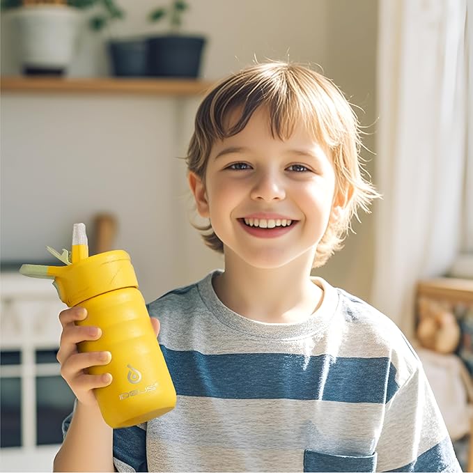 IDEUS Insulated Water Bottle 12oz, Stainless Steel Insulated Water Bottle For School, Insulated Bottles With Straws Leakproof, Vacuum Double Wall Water Bottles For Boys And Girls With 2 Lids, BPA Free
