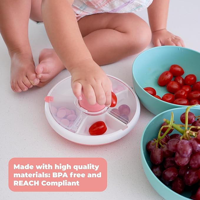 GoBe Kids Small Snack Spinner Flip Bundle with Hand Strap and Sticker Sheet - Reusable Snack Container with 5 Compartment Dispenser and Lid | BPA/PVC Free | Dishwasher Safe | No Spill - Taro Purple