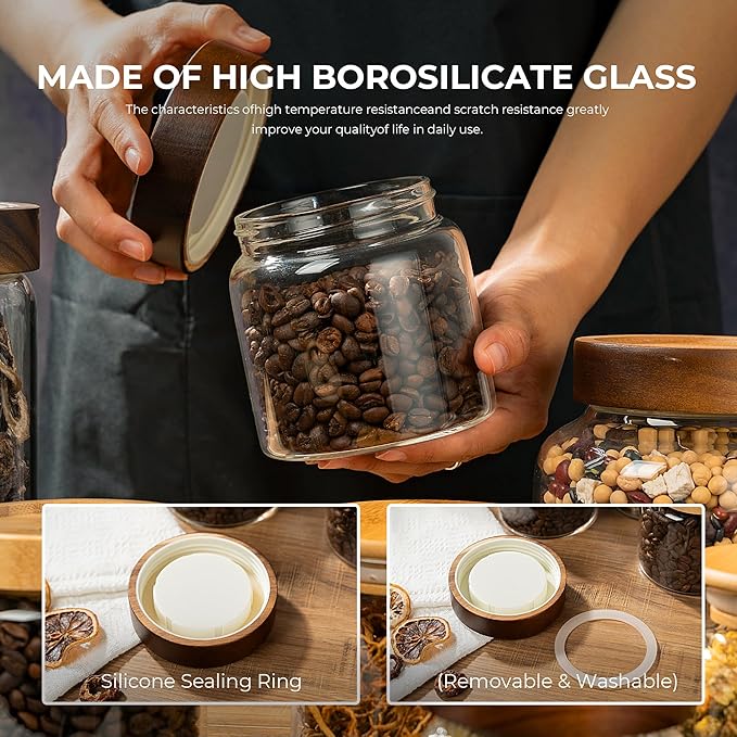 1PC Glass Storage Jars with Airtight Lids, 28 fl oz (850ml) coffee container with Wooden Lid, Glass Pantry Canister for Beans, Rice, Sugar and etc