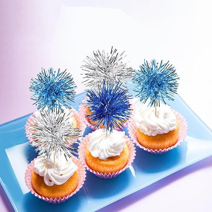 30 PCS Foil Firework Cupcake Toppers Sparkle Tinsel Cupcakae Picks Foil Firework Decorations Cocktail Fruit Toothpick for Fireworks Theme Birthday Wedding Graduation Party Decor Blue Silver Light Blue