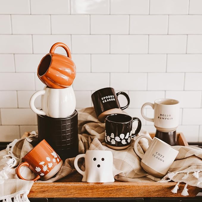 Sweet Water Decor White Ghosts Black Halloween Mugs - Halloween Coffee Mug Dishwasher & Microwave Safe - Fall Mug for Coffee & Hot Cocoa or Seasonal Brew - Black Stoneware Ghost Mugs