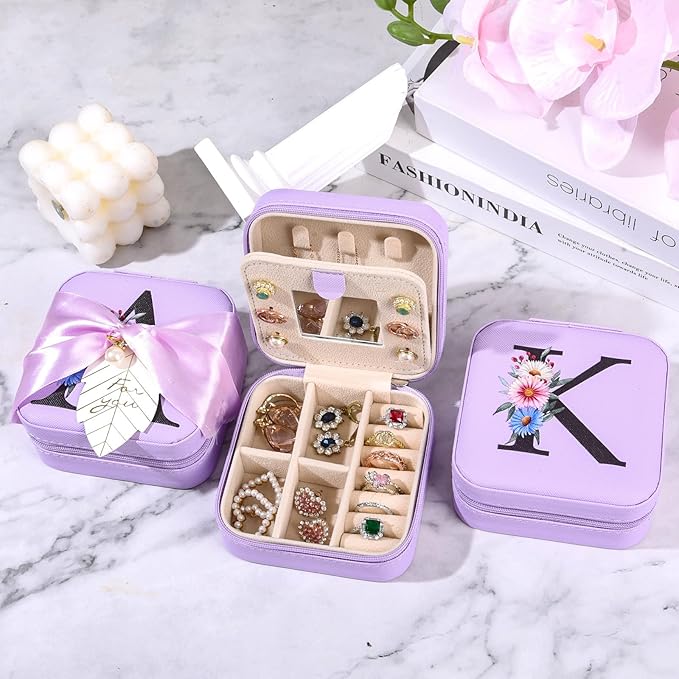 AYGXU Initial Glass Cup - Personalized Birthday & Graduation Gifts for Her, 16oz Tumbler with Small Jewelry Organizer Box, Purple